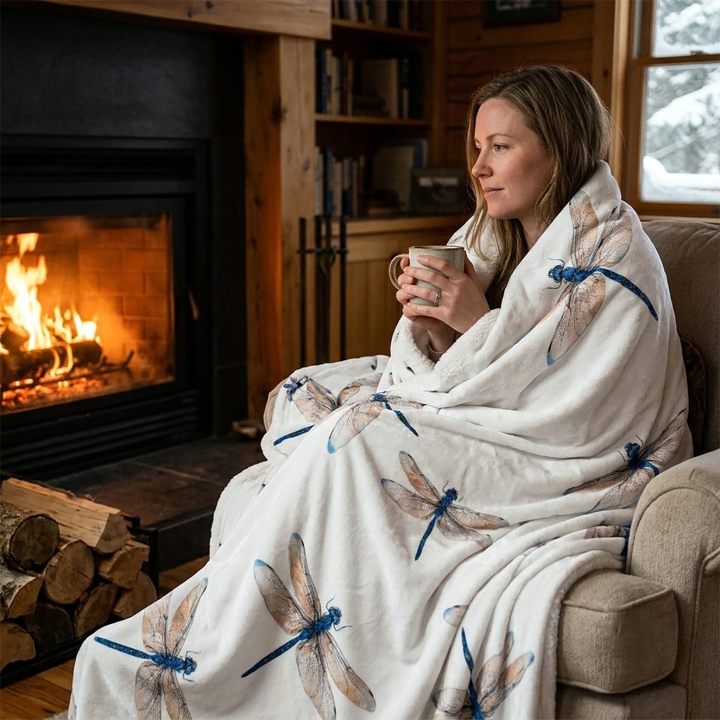 A woman sits in a cozy armchair by a fireplace, wrapped in a cream throw blanket printed with large dragonfly designs in blue and brown. She holds a mug, and the warm fire and rustic room are visible in the background.