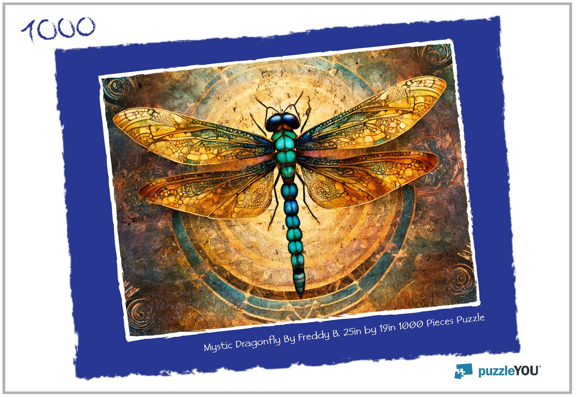 Mystic Dragonfly puzzle packaging with dragonfly illustration and 'puzzleYOU' branding.