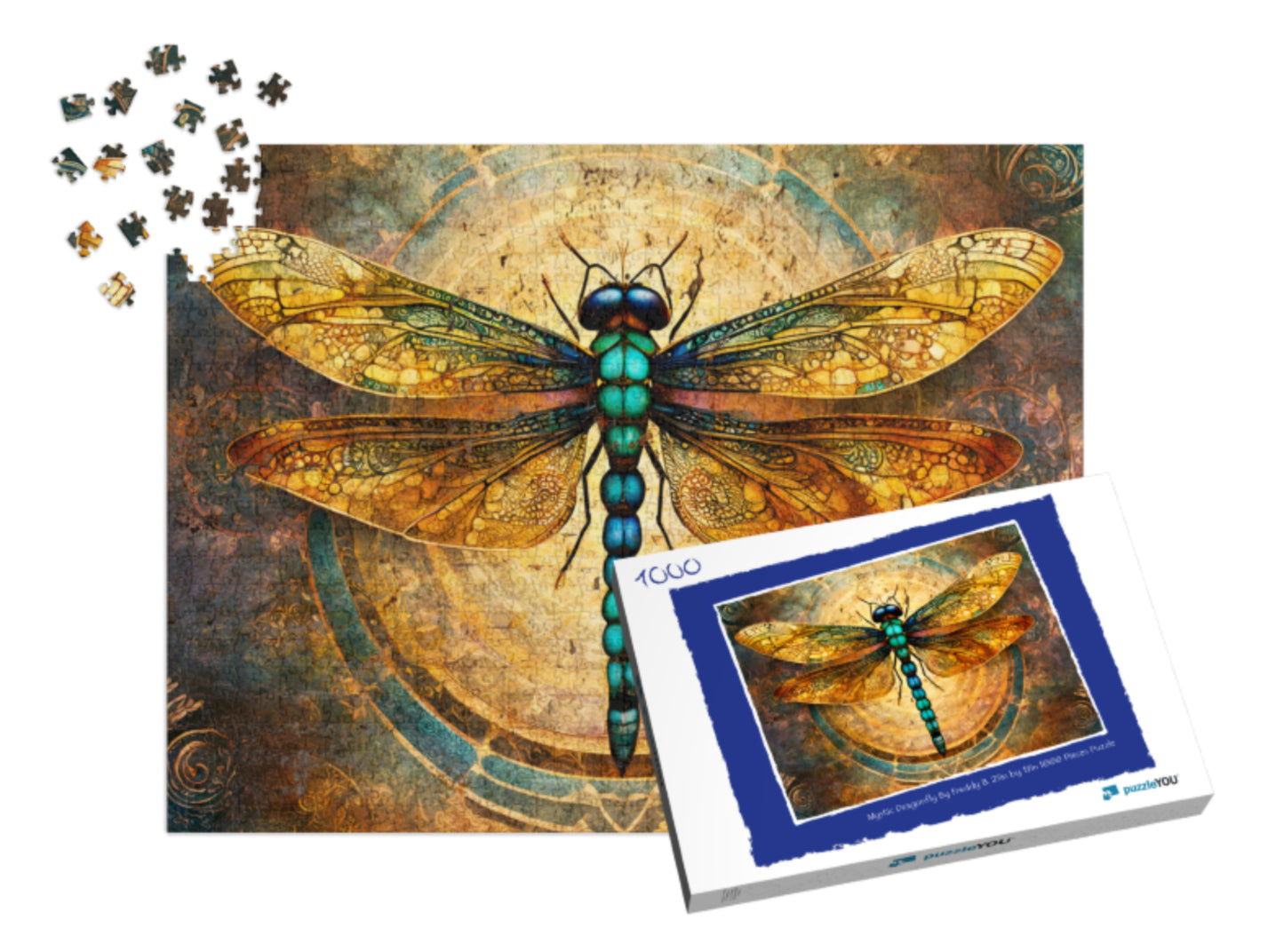 Jigsaw puzzle with a dragonfly design and packaging on a white background
