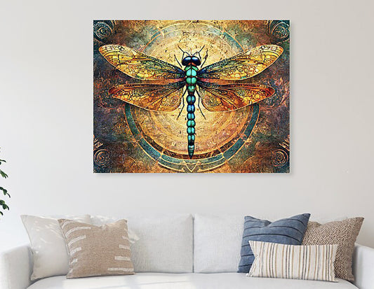 metal print of a dragonfly on a decorative wall above a sofa.