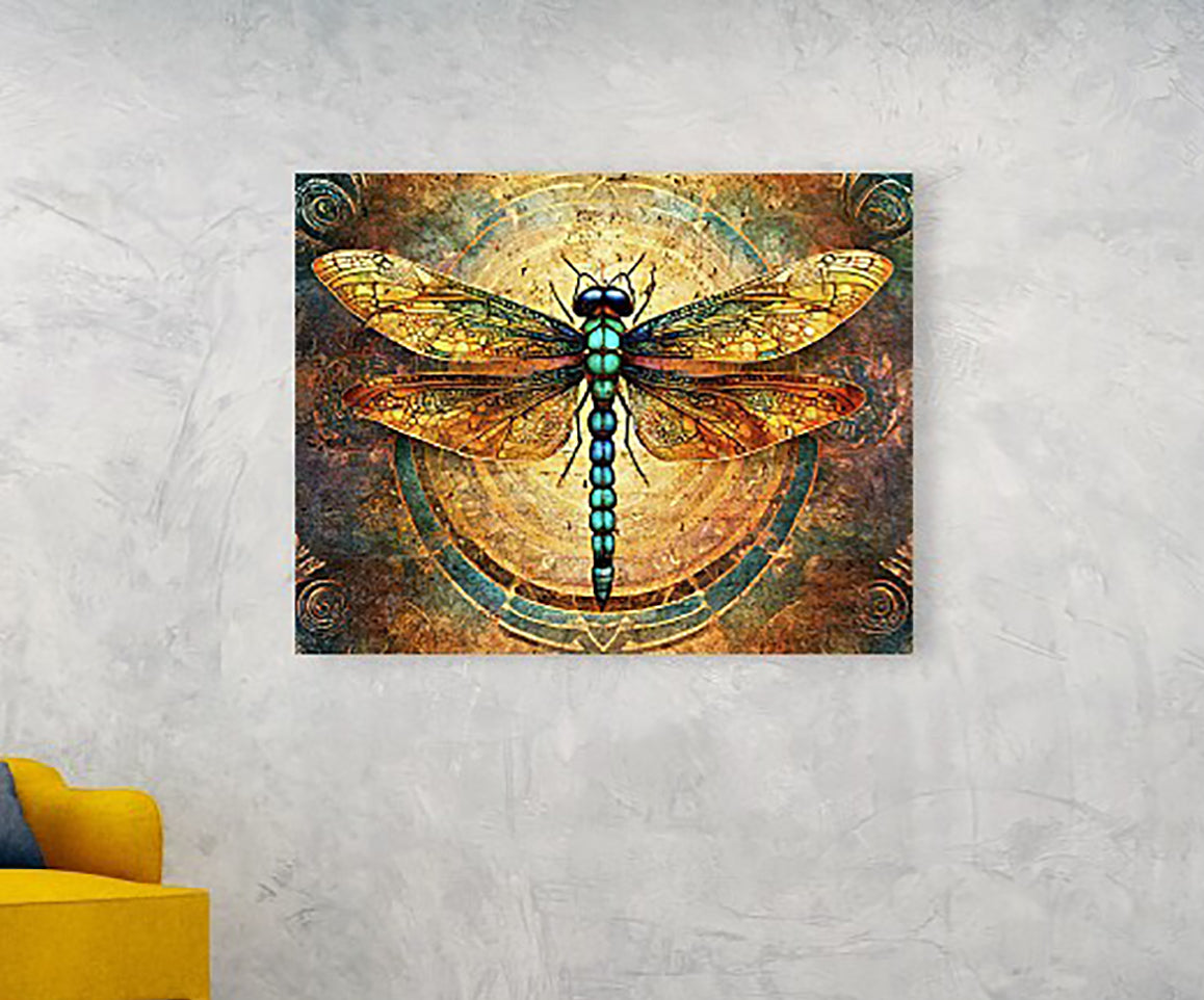 Decorative wall art of a dragonfly on a textured wall with a yellow chair.