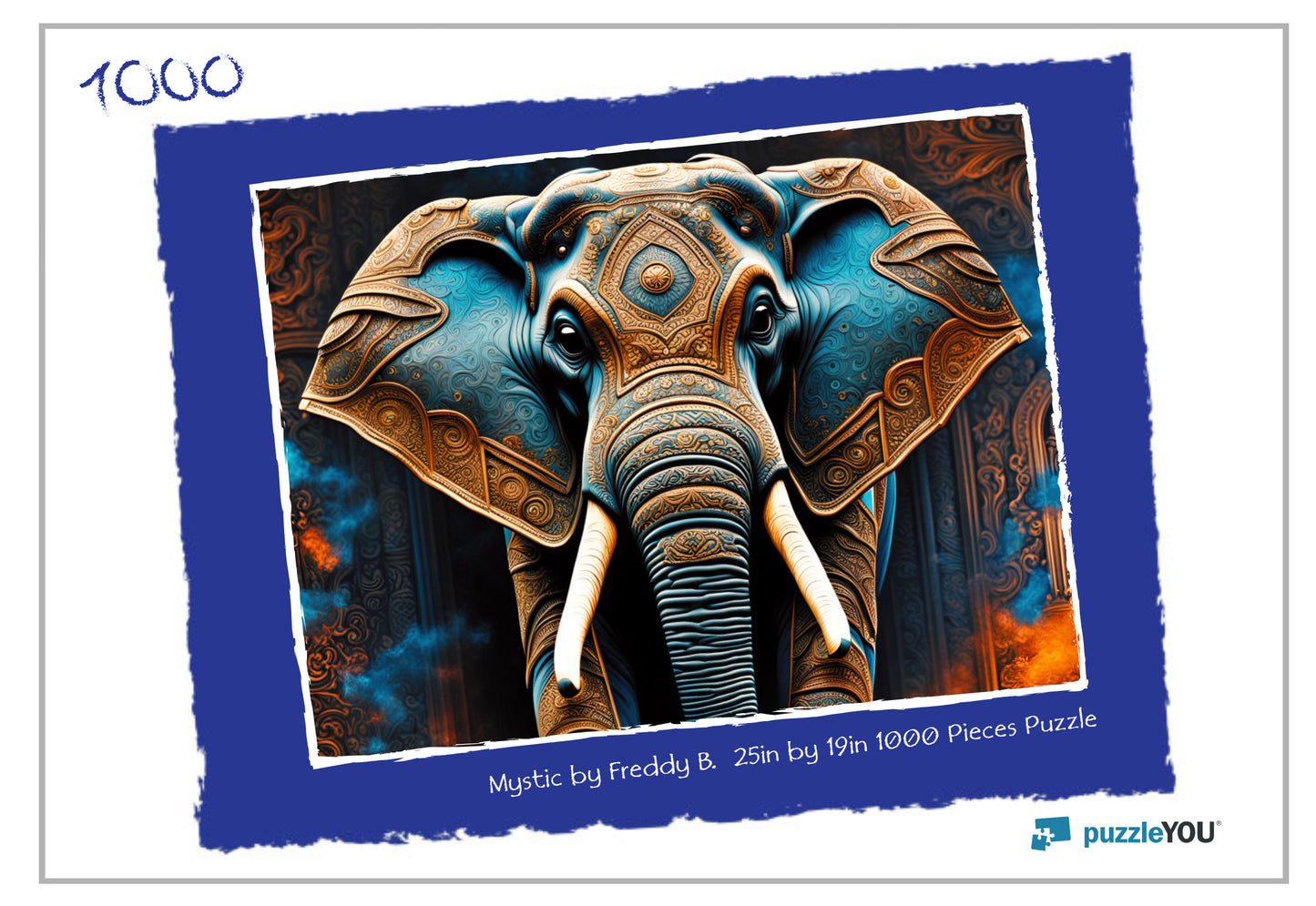 Decorative elephant puzzle with intricate design and 'puzzleYOU' branding.