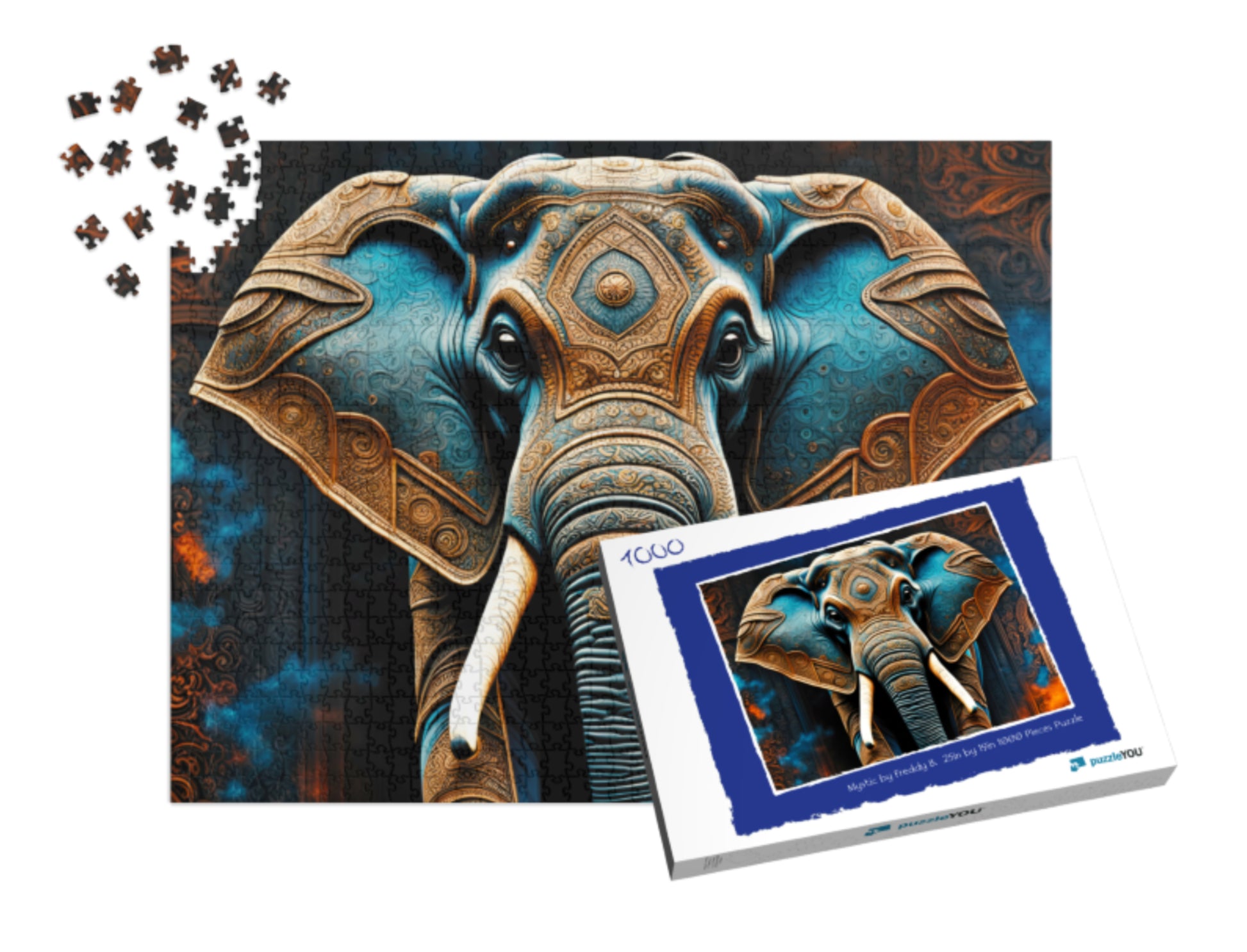 Mystical blue and gold elephant jigsaw puzzle 1000 pieces with box
