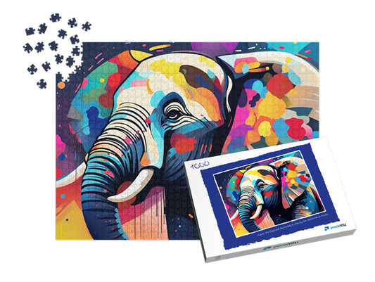 Colorful elephant puzzle with packaging on a white background