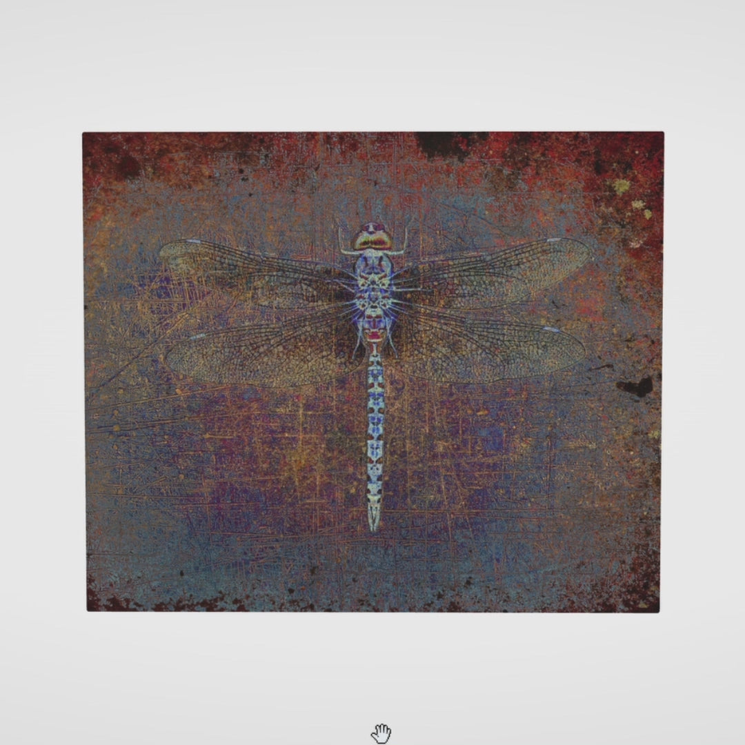 Recycled metal wall art dragonfly on distressed orange and purple background print on upcycled aluminum demo video