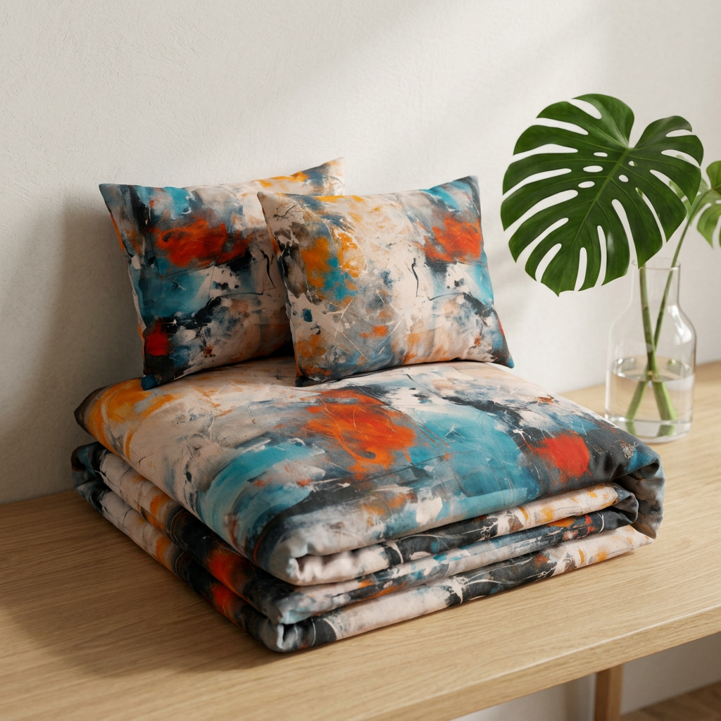 Folded bedding set with two matching pillows featuring an abstract painterly print in teal, orange, cream, and gray, styled on a light wood table next to a glass vase with a green monstera leaf.