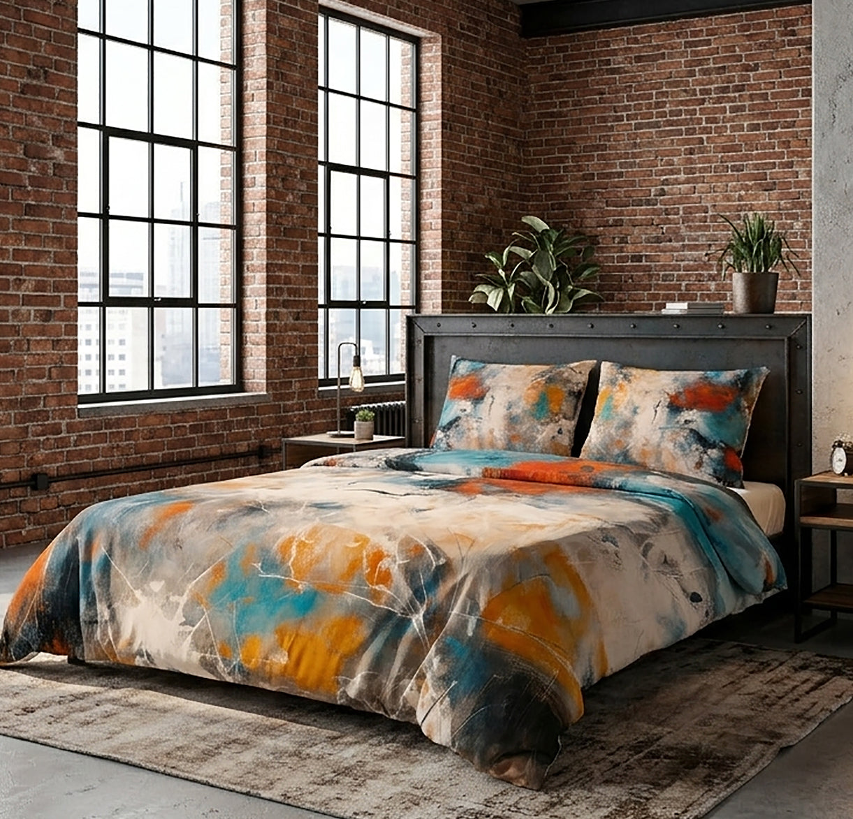 A bed dressed in a colorful abstract-print bedding set with two matching pillows, styled in a loft-style bedroom with exposed brick walls, large industrial windows, and a rustic rug.