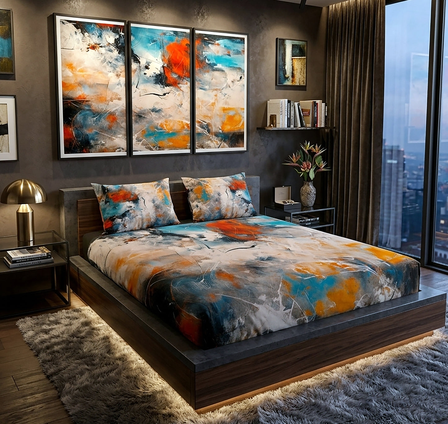 A modern bedroom featuring a low platform bed dressed in an abstract painterly bedding set with blue, orange, white, and gray brushstrokes. The room has dark gray walls, a large three-panel abstract wall art piece above the bed, bedside tables with lamps, a shag rug, and a large window overlooking a city skyline.