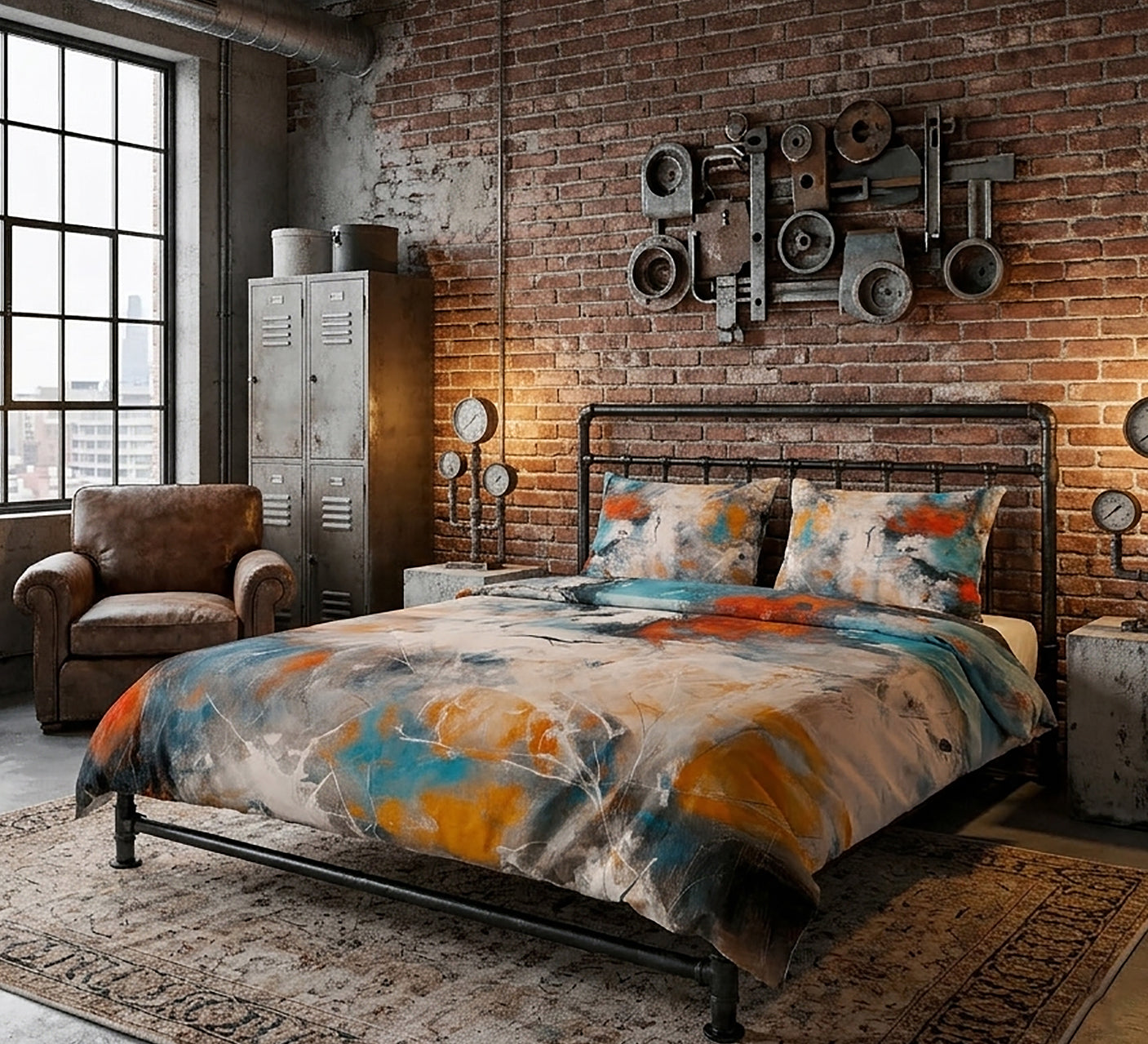 A bed dressed in an abstract painterly duvet cover and matching pillow shams, styled in a rustic industrial bedroom with a brick wall, metal wall art, a leather armchair, and a tall metal locker.
