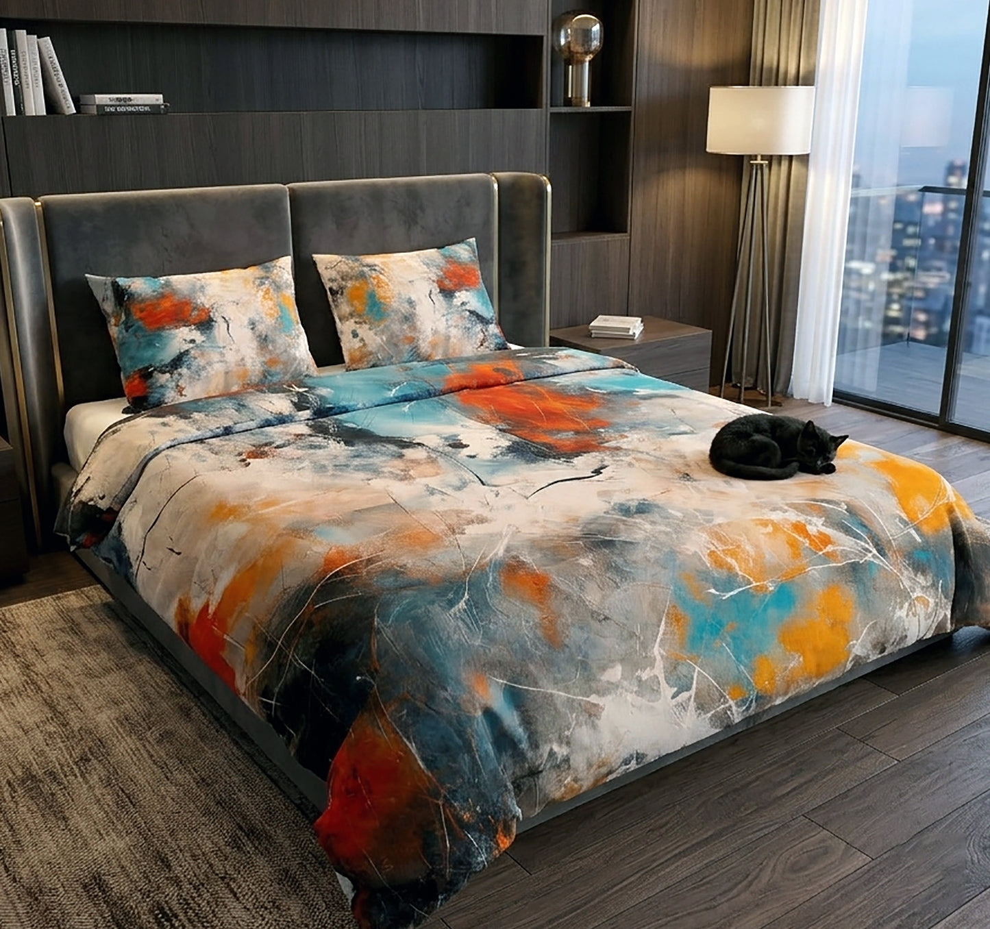 A bed dressed in an abstract painterly duvet cover and matching pillow shams, styled in a modern bedroom with dark wood headboard, shelving, floor lamp, and large window view. A black cat lies on the duvet.