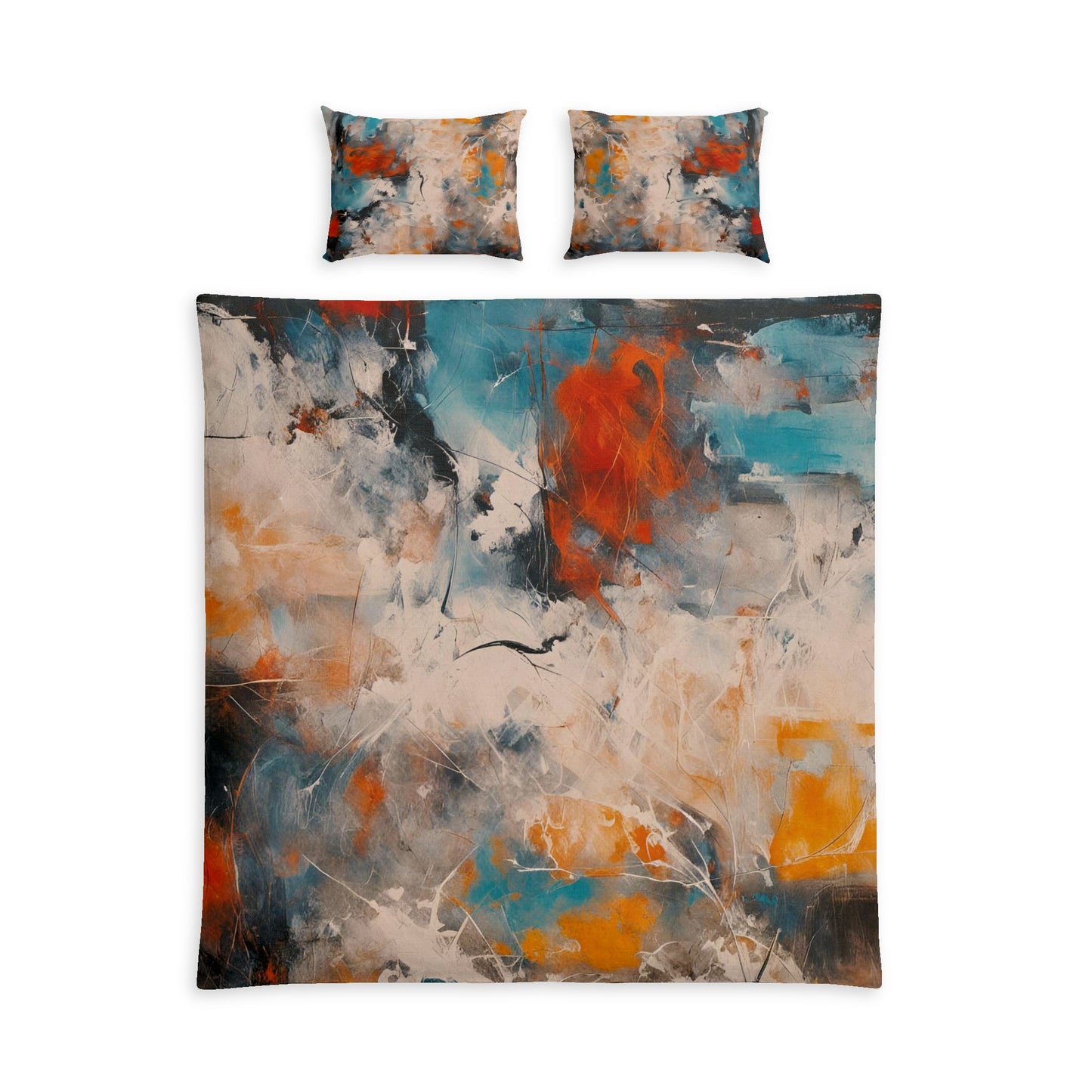 An abstract bedding set featuring a duvet cover and two matching pillowcases with a painterly design in teal, orange, cream, gray, and black on a white background.