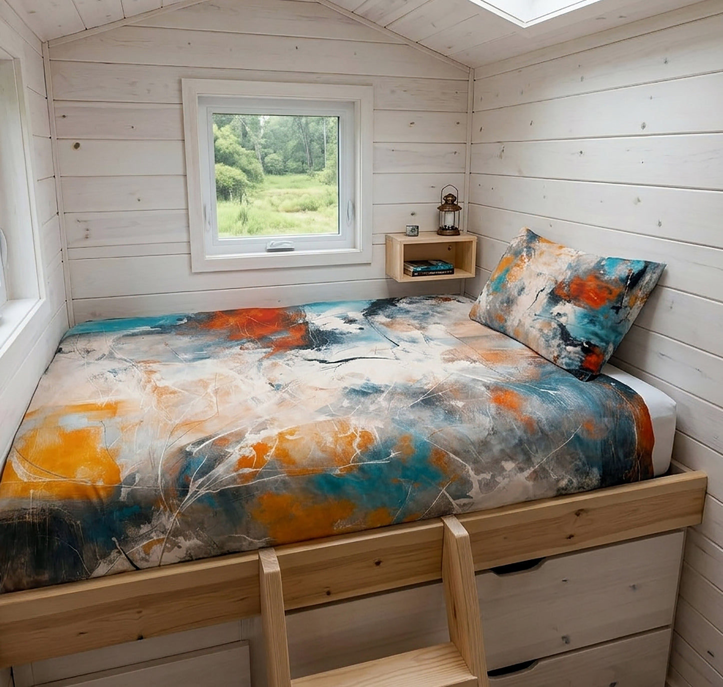 A single bed in a small wooden cabin with white paneled walls, featuring a colorful abstract print duvet cover and matching pillow. The bed frame is made of light natural wood with built-in drawers underneath, and a small wooden shelf with a lantern is mounted on the wall next to the window.