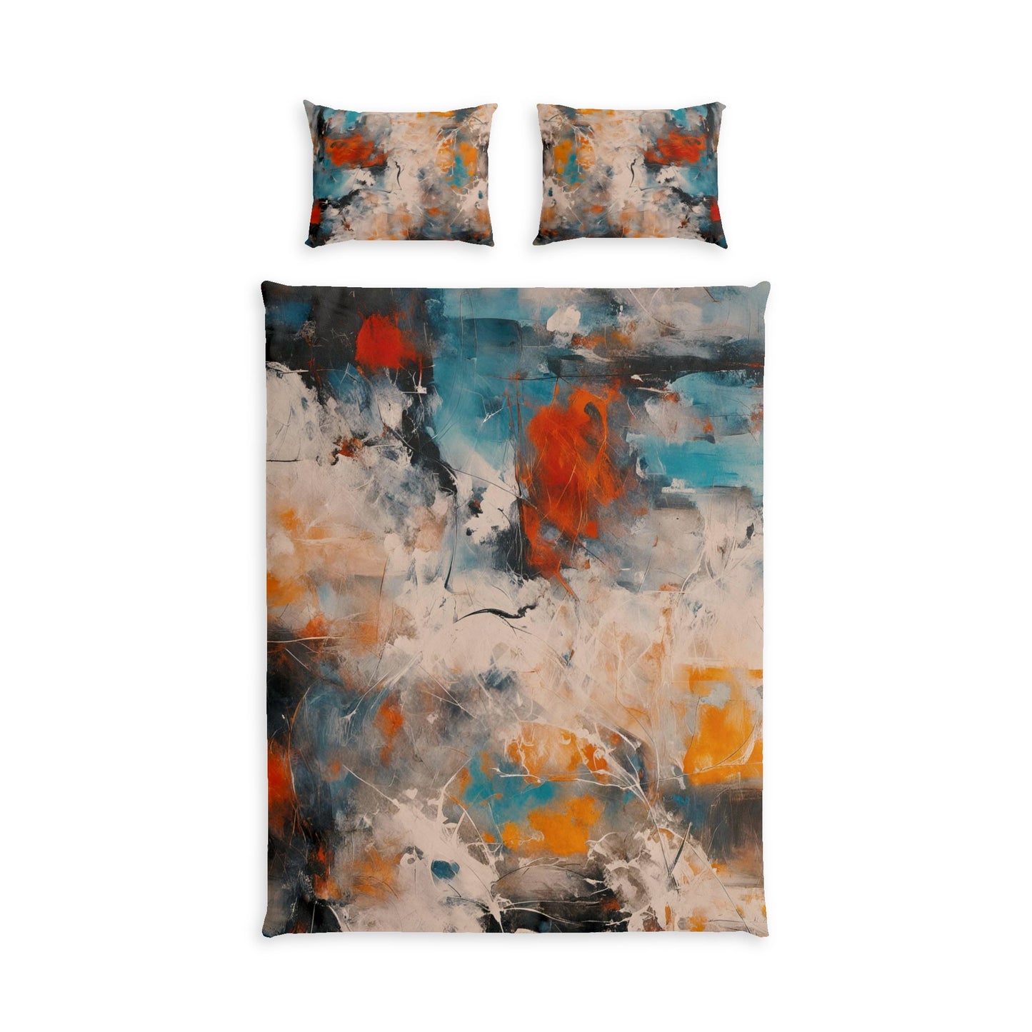 Abstract bedding set featuring a duvet cover and two matching pillowcases with a modern painterly design in blue, orange, beige, gray, and black on a white background.