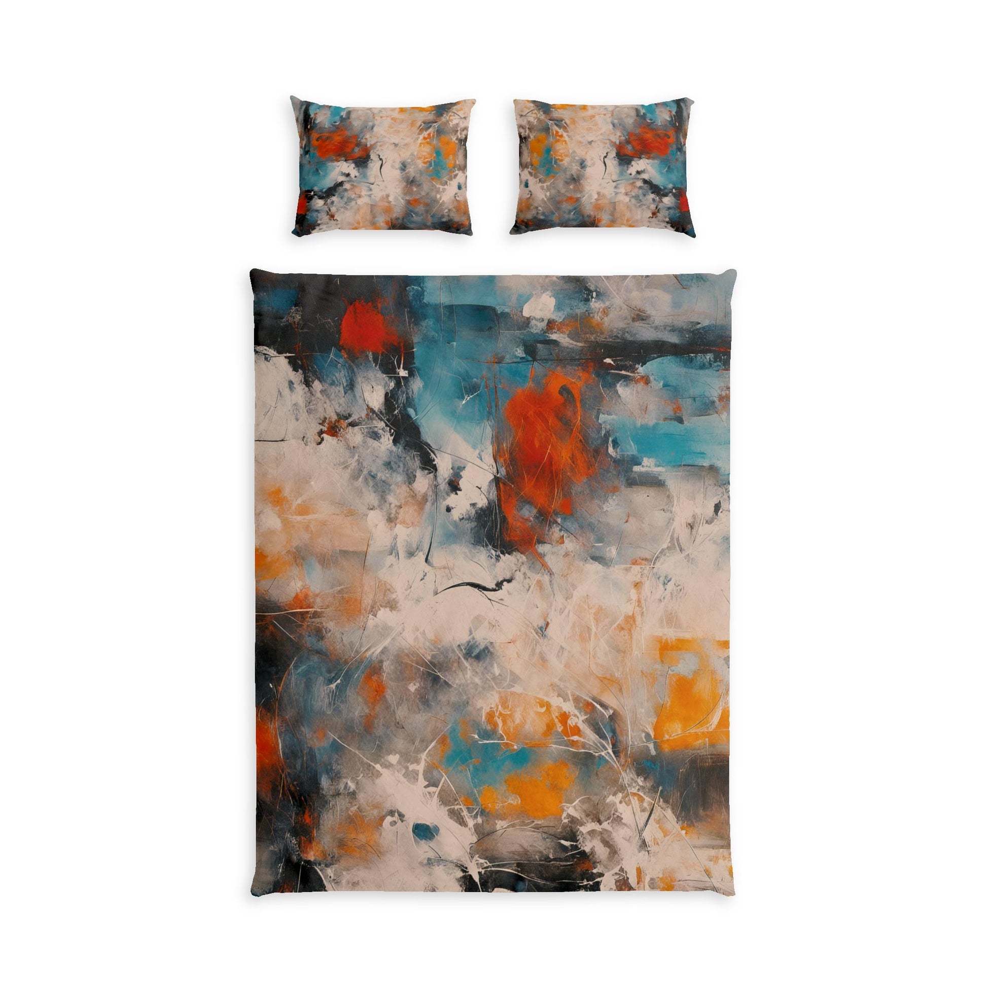 Abstract bedding set featuring a duvet cover and two matching pillowcases with a modern painterly design in blue, orange, beige, gray, and black on a white background.