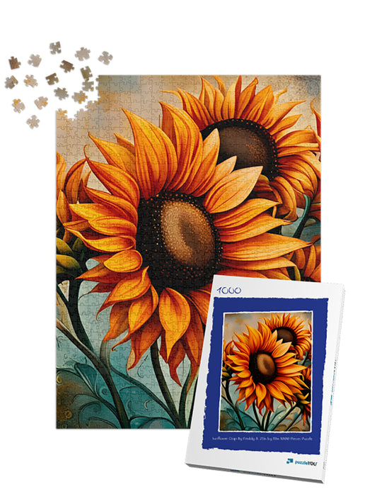 Sunflower puzzle with a completed puzzle piece and packaging on a white background