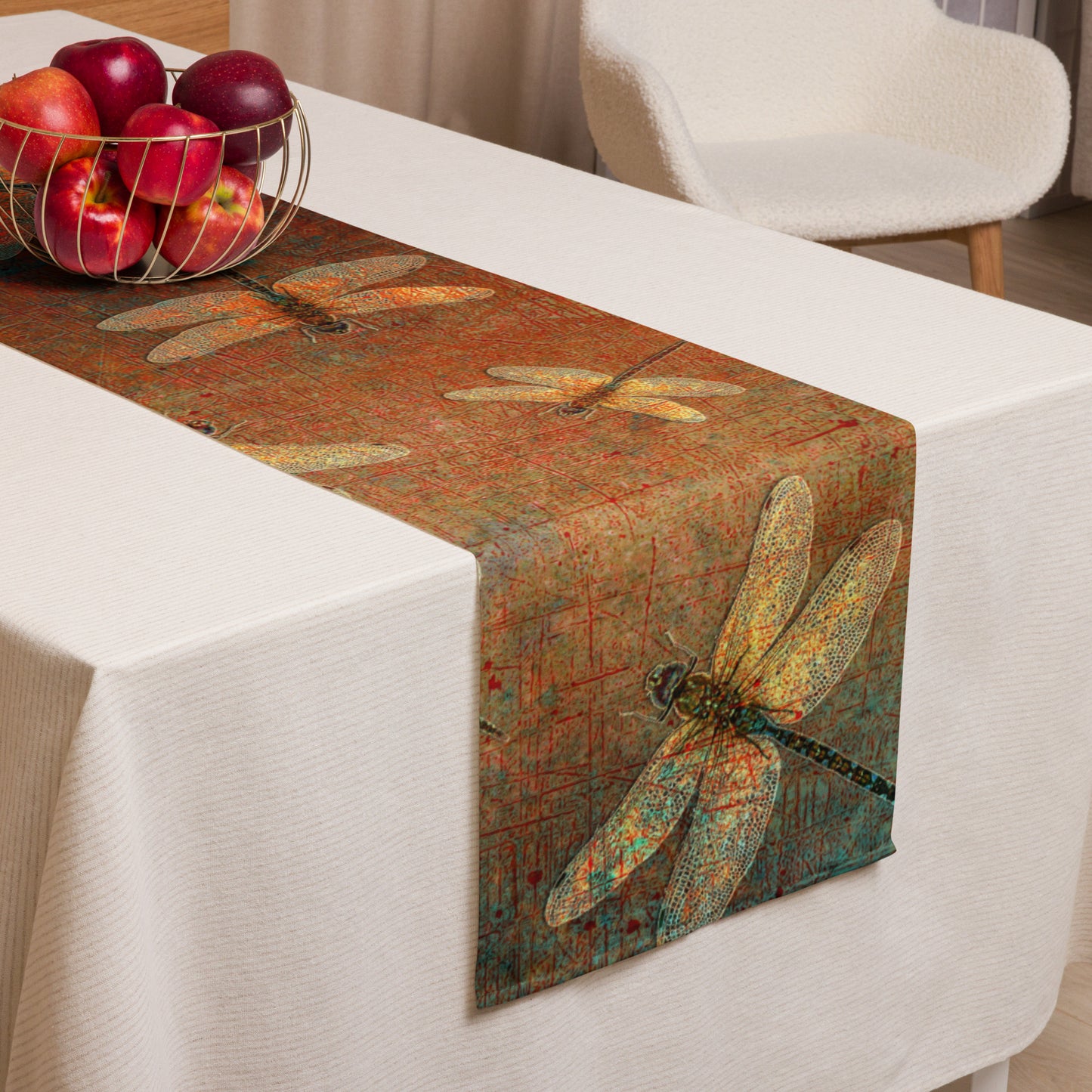 Golden Dragonflies on Orange and Green Background Table runner on table