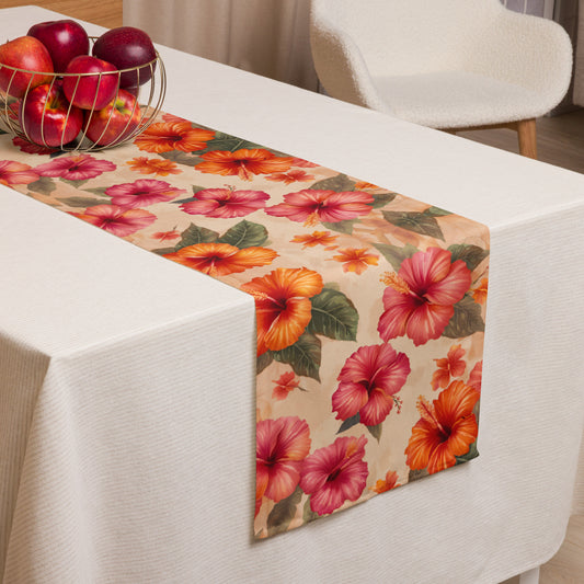 Pink and Orange Hibiscus Flowers Print Table Runner end