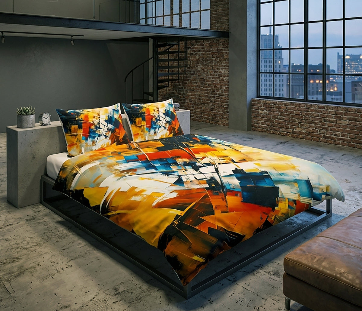 A bed dressed in a bold abstract print duvet cover and matching pillowcases, styled in a loft-style bedroom with exposed brick walls, large windows, and a concrete floor.