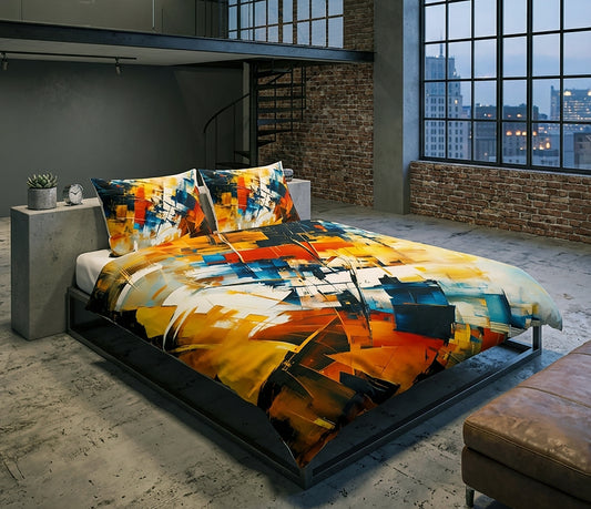 A bed dressed in a bold abstract print duvet cover and matching pillowcases, styled in a loft-style bedroom with exposed brick walls, large windows, and a concrete floor.