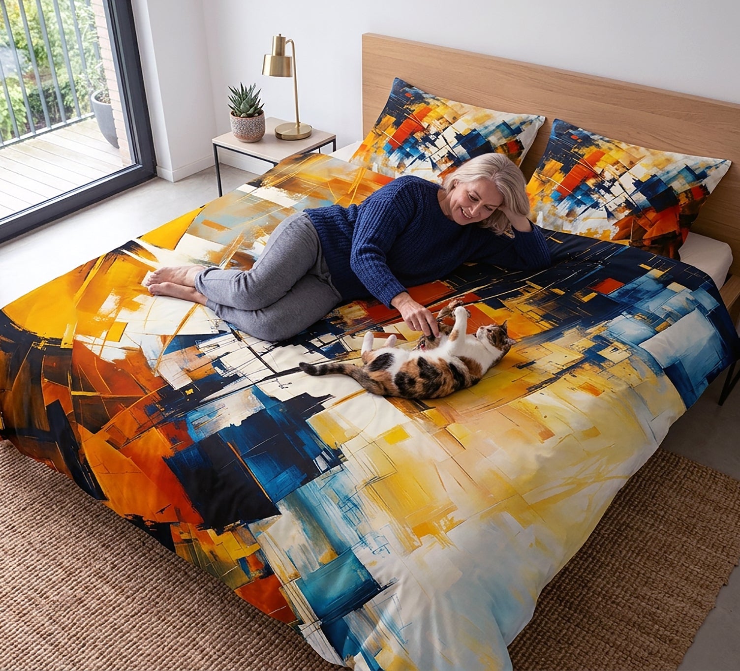 A woman lies on a bed with a colorful abstract print duvet cover and matching pillowcases, with a cat on the duvet. The room has a wooden headboard, a bedside table with a lamp and plant, and a window looking out onto a balcony.