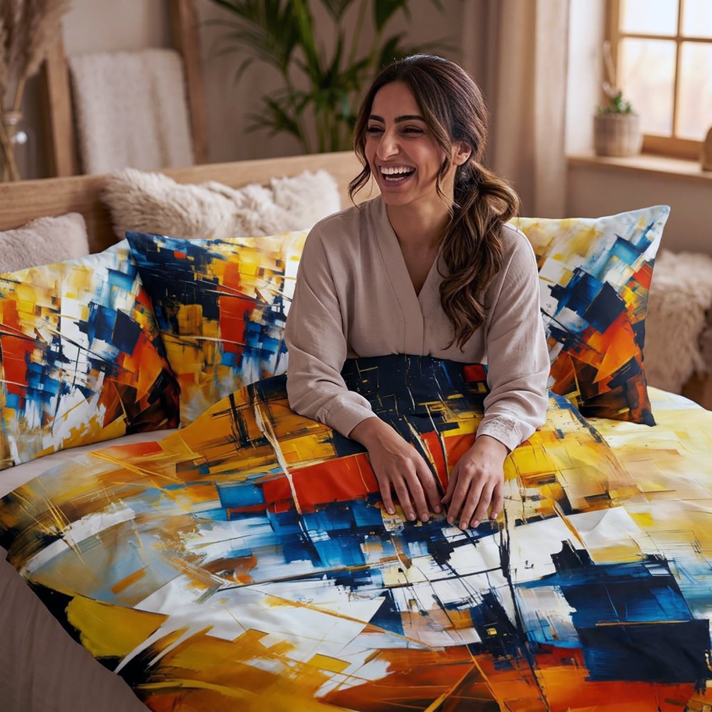 A woman sits on a bed wearing a beige cardigan and smiling, surrounded by a colorful abstract-patterned duvet cover and matching pillows in a warm, cozy bedroom setting.
