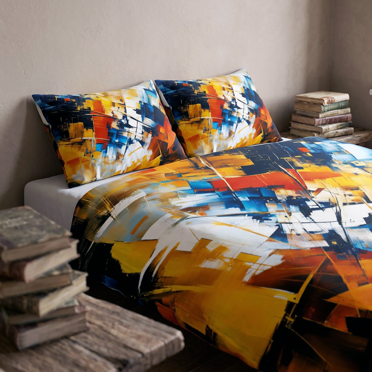 A bed dressed in an abstract painterly duvet cover and matching pillowcases, styled in a bedroom with stacked books on a side table.