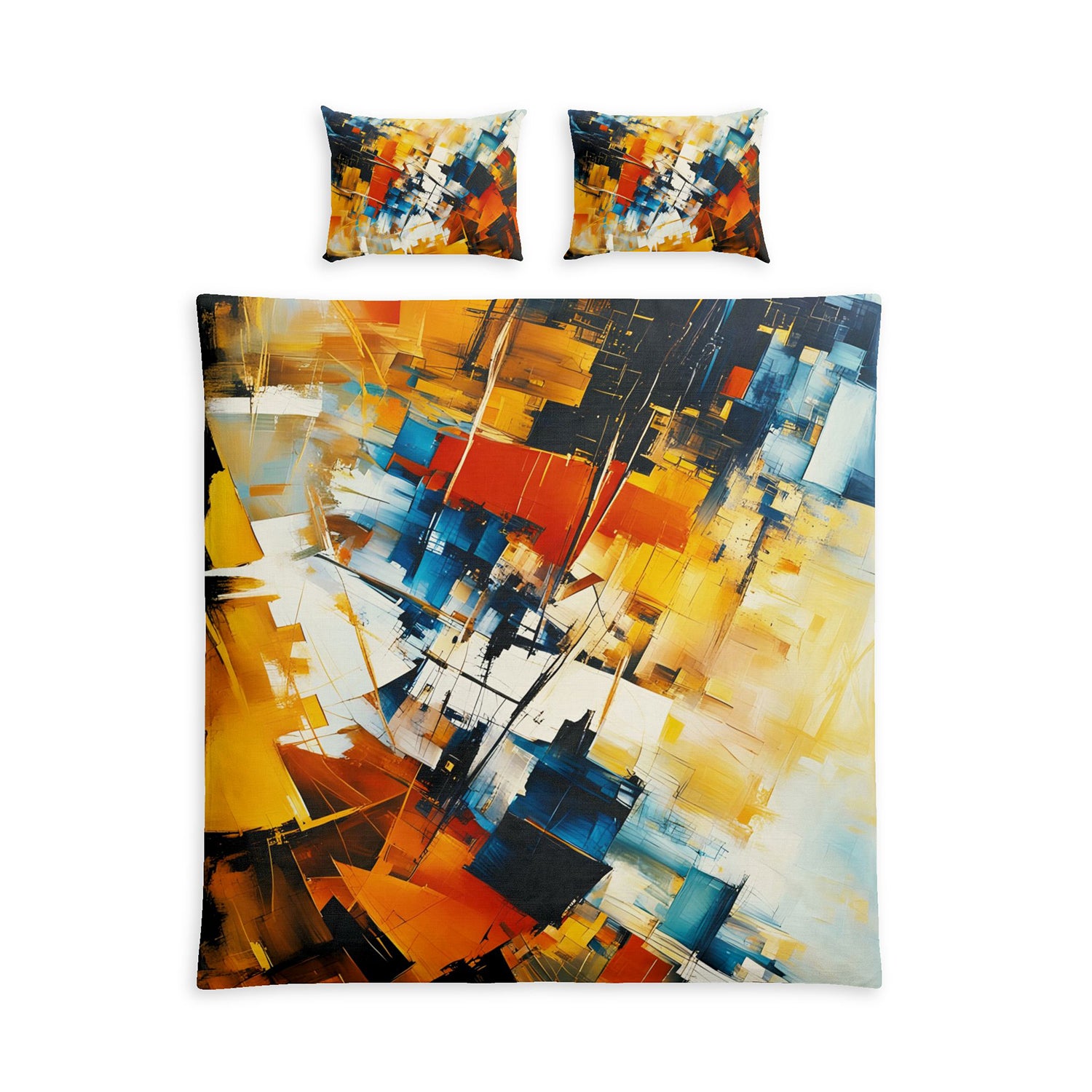 An abstract art print bedding set featuring a duvet cover and two matching pillowcases with a vibrant, multicolored abstract painting design in yellow, orange, blue, black, and white on a plain white background.