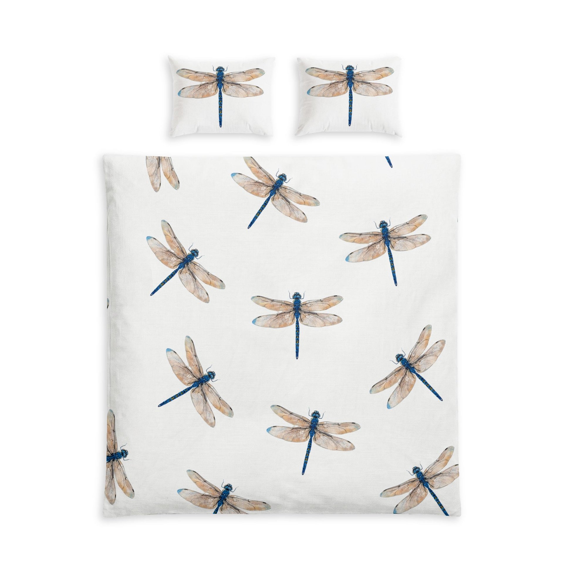 Dragonfly patterned bedding set with matching pillowcases on a white background
