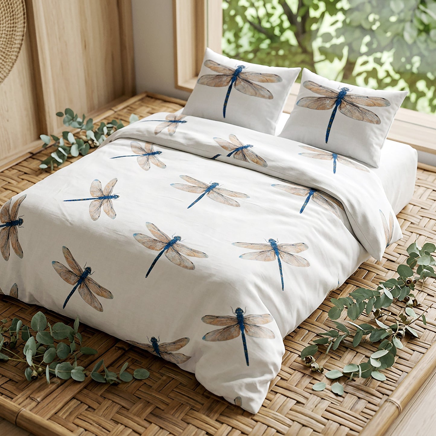 Dragonfly-patterned bedding set on a wooden floor with greenery