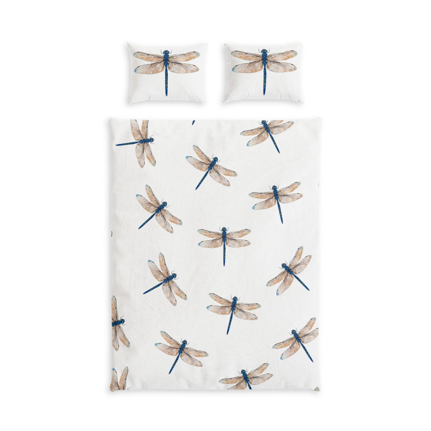 Minimalistic Blue Dragonfly Art Print on Cotton Bed Set, Duvet Cover and Two Pillow Shams.
