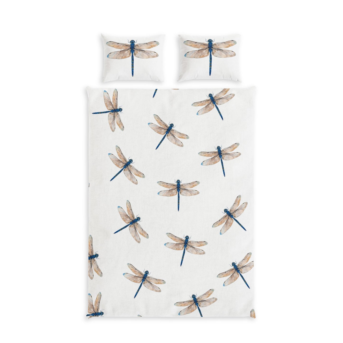 Dragonfly-patterned bedding set on a white background