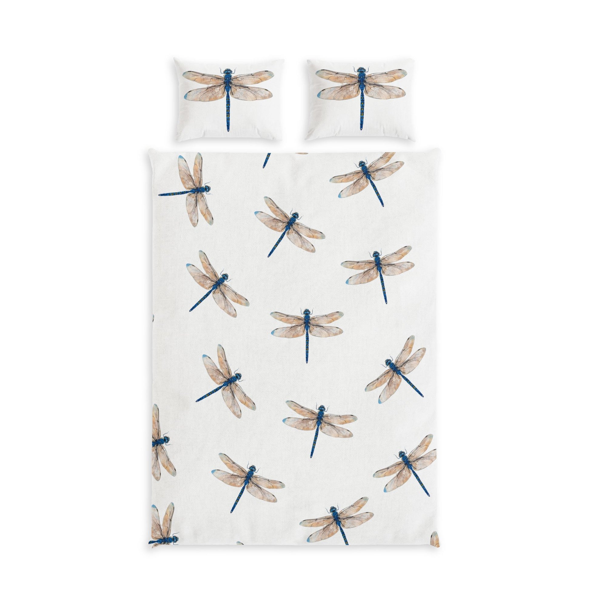 Dragonfly-patterned bedding set on a white background