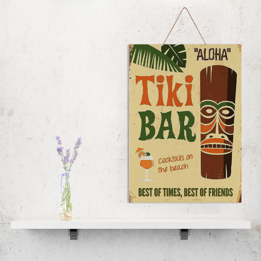 Aloha Tiki Bar Print on Wood 10" x 14" hung on wall