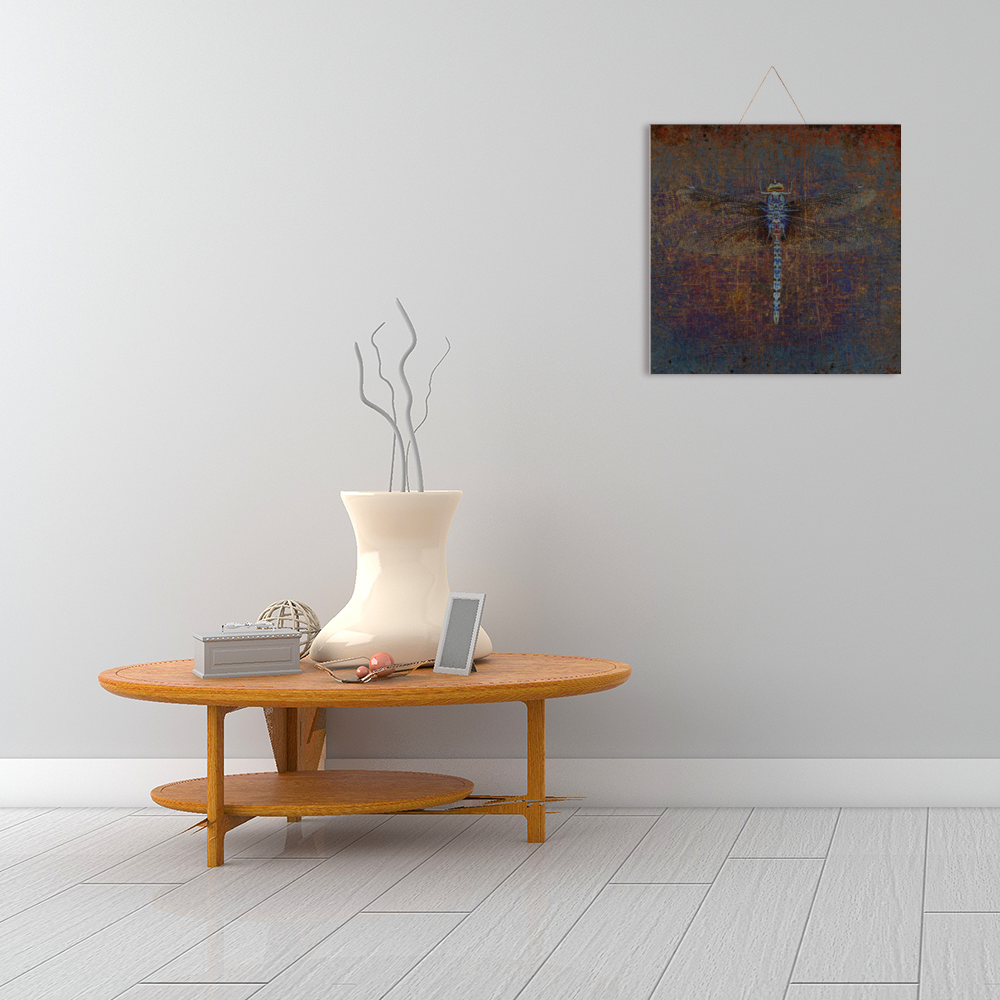 Dragonfly on Distressed Purple and Orange Background Print on Wood hung above table