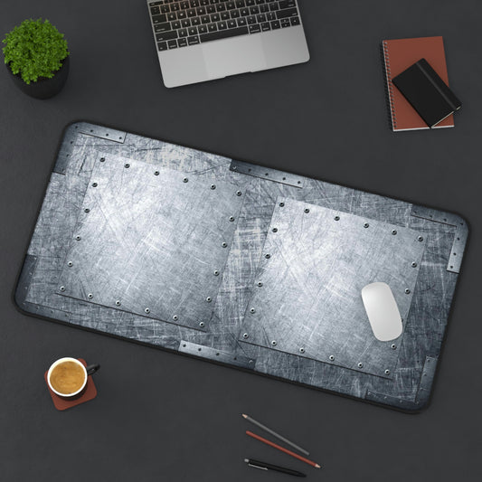 Industrial Themed Desk Accessories - Riveted Steel Sheets Print on Neoprene Desk Mat 15.5 by 31 on desk