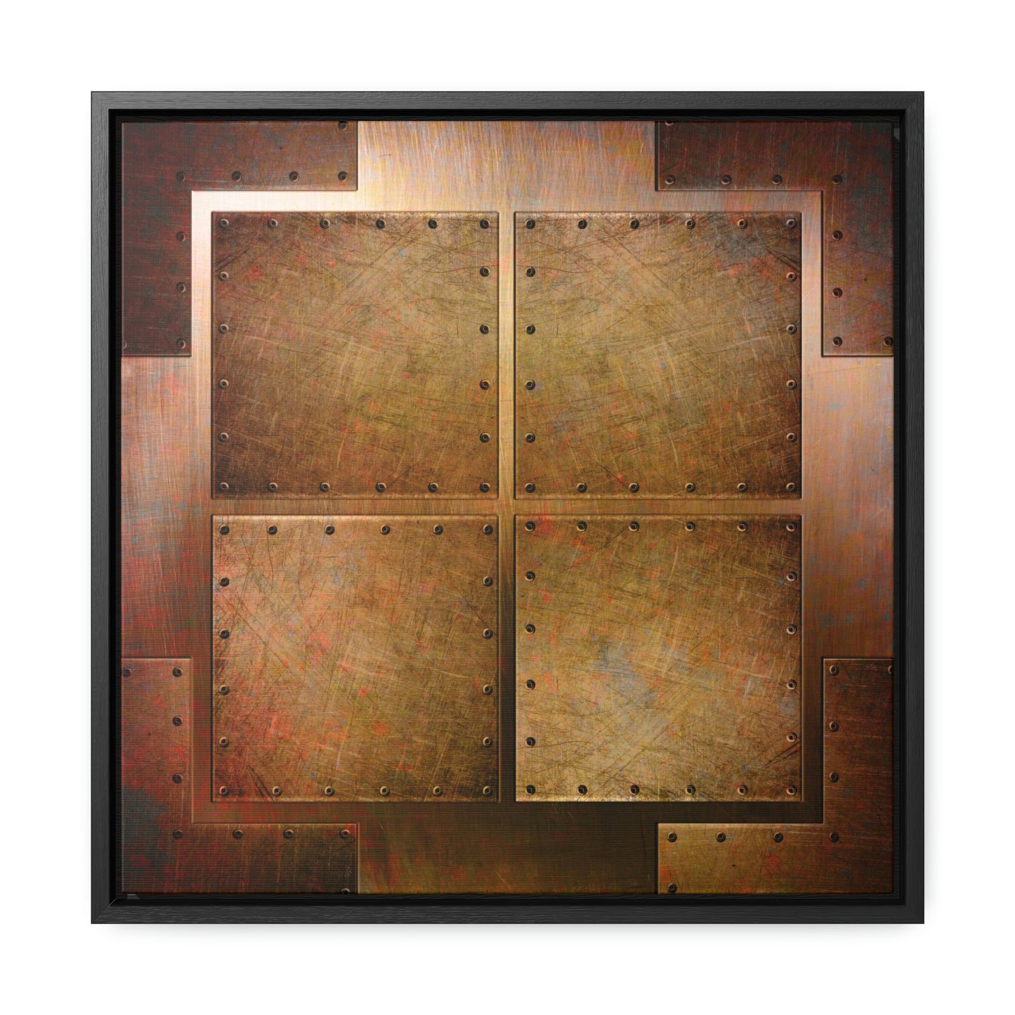 Steampunk Themed Framed Wall Art - Distressed, Riveted Copper Sheets Print on Canvas in a Floating Frame