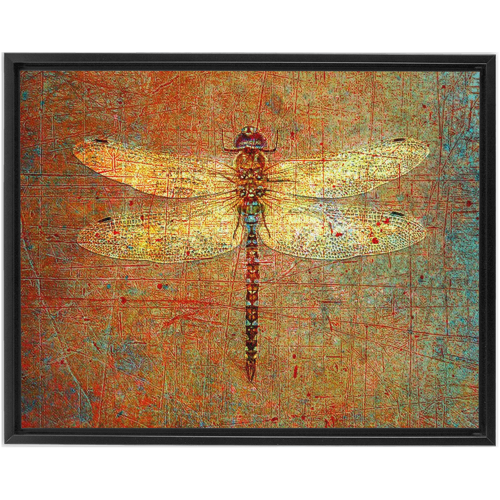 Golden Dragonfly on Distressed Stone Background Floating Frame Canvas Special Order 32x40