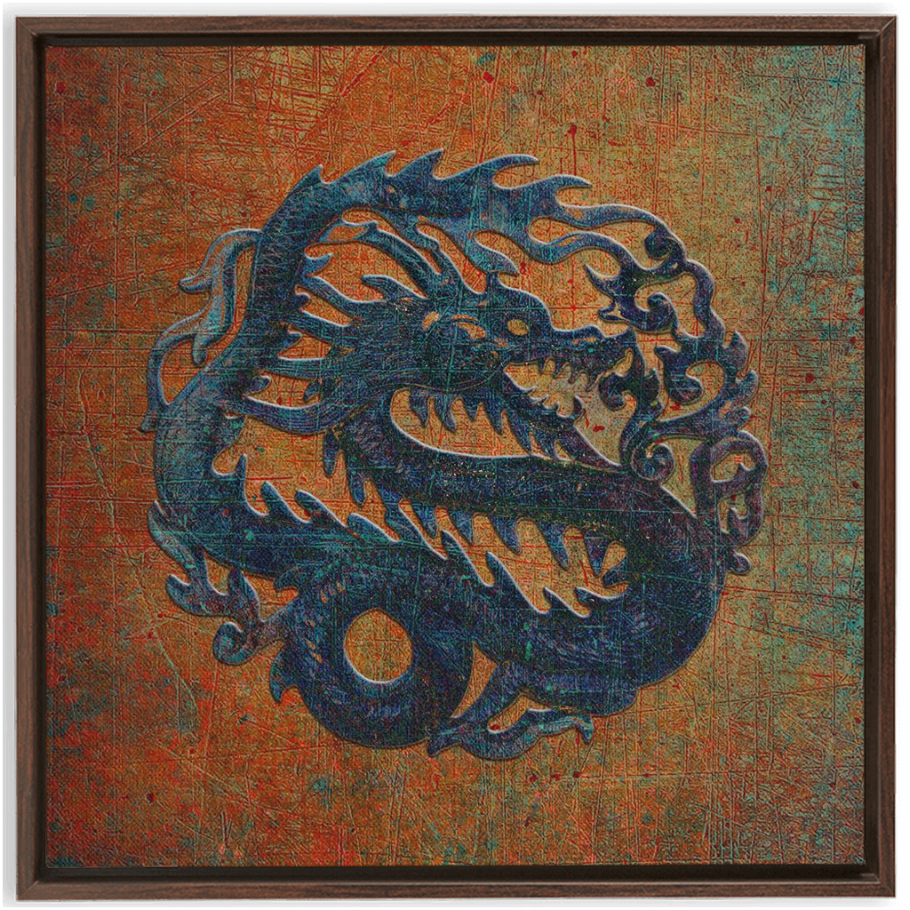 Blue Chinese Dragon on Distressed Stone Background Floating Frame Canvas 6 sizes available