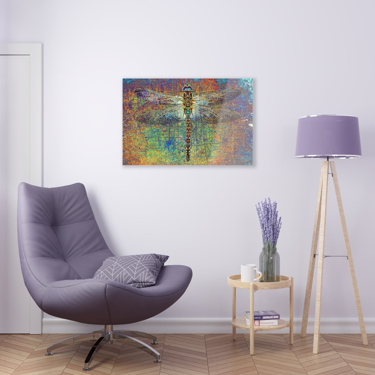 Dragonfly on Multicolor Background Printed on a Crystal Clear Acrylic Panel 30x20 hung on white wall