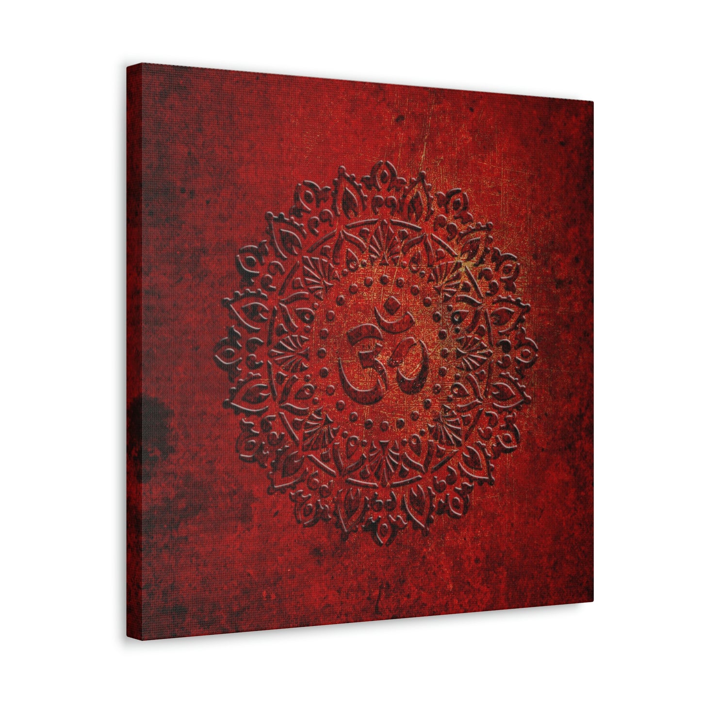 Om Symbol Mandala Style on Lava Red Background Printed on Unframed Stretched Canvas side view
