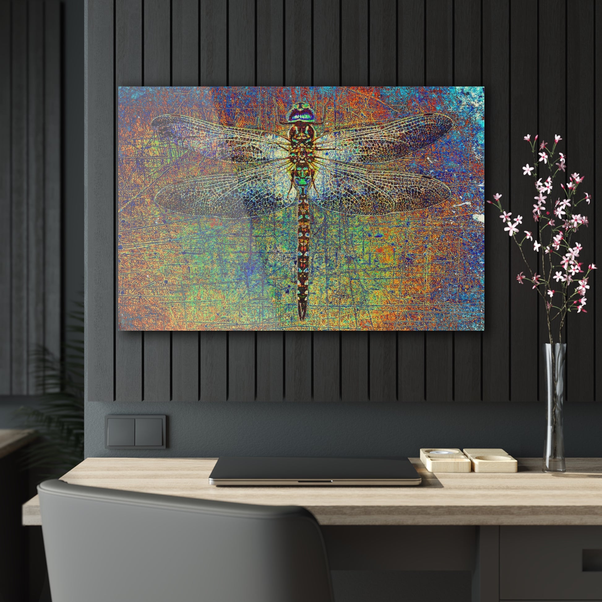 Dragonfly on Multicolor Background Printed on a Crystal Clear Acrylic Panel 36x24