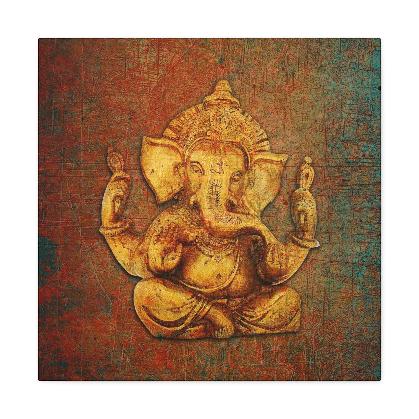Hinduism Themed Wall Art - Ganesha on a Distressed Background Printed on Unframed Stretched Canvas