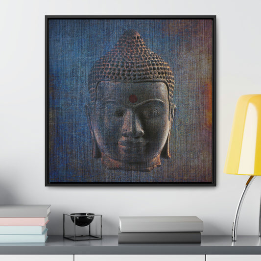 Distressed Blue Buddha Head Print on Square Canvas in a Floating Frame hung on white wall