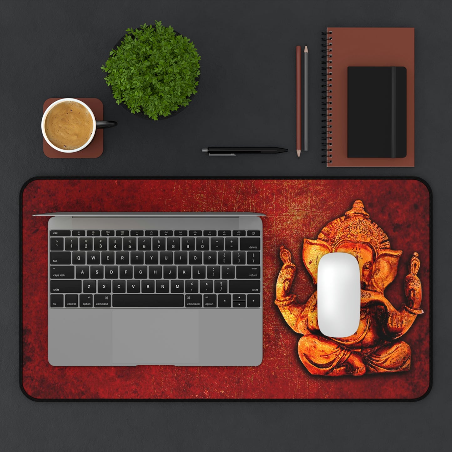Gold Ganesha on Lava Red Background Print on Neoprene Desk Mat 12 by 22 with laptop