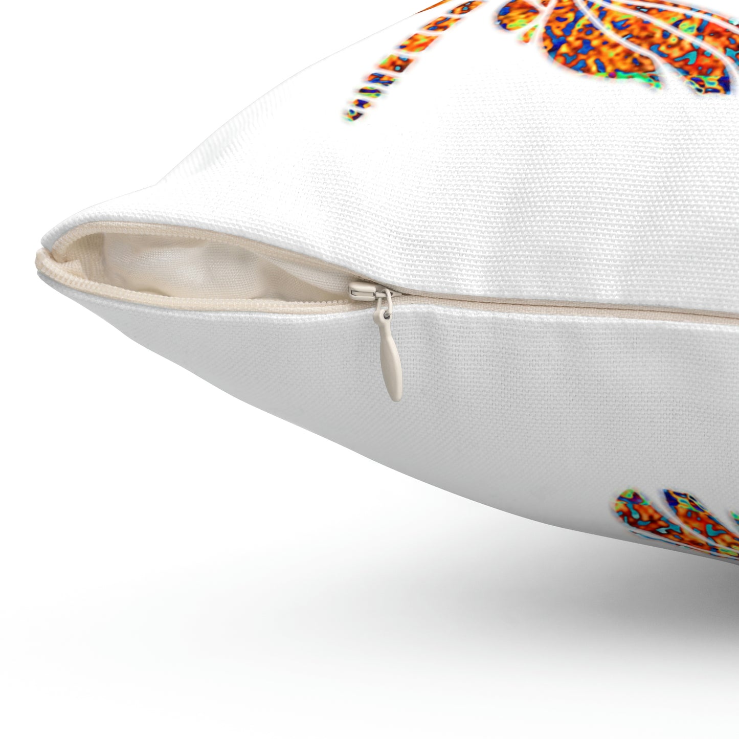 Minimalist square white pillow with 3 colorful Dragonflies print zipper close up