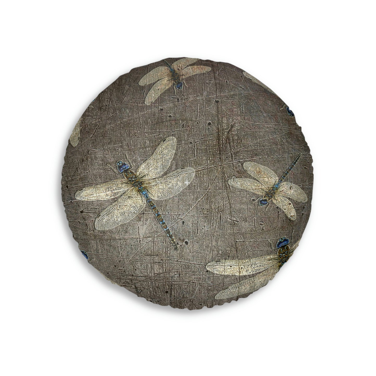 Dragonfly on Distressed Stone Background Print on 2 Sided Round Tufted Floor Pillow.