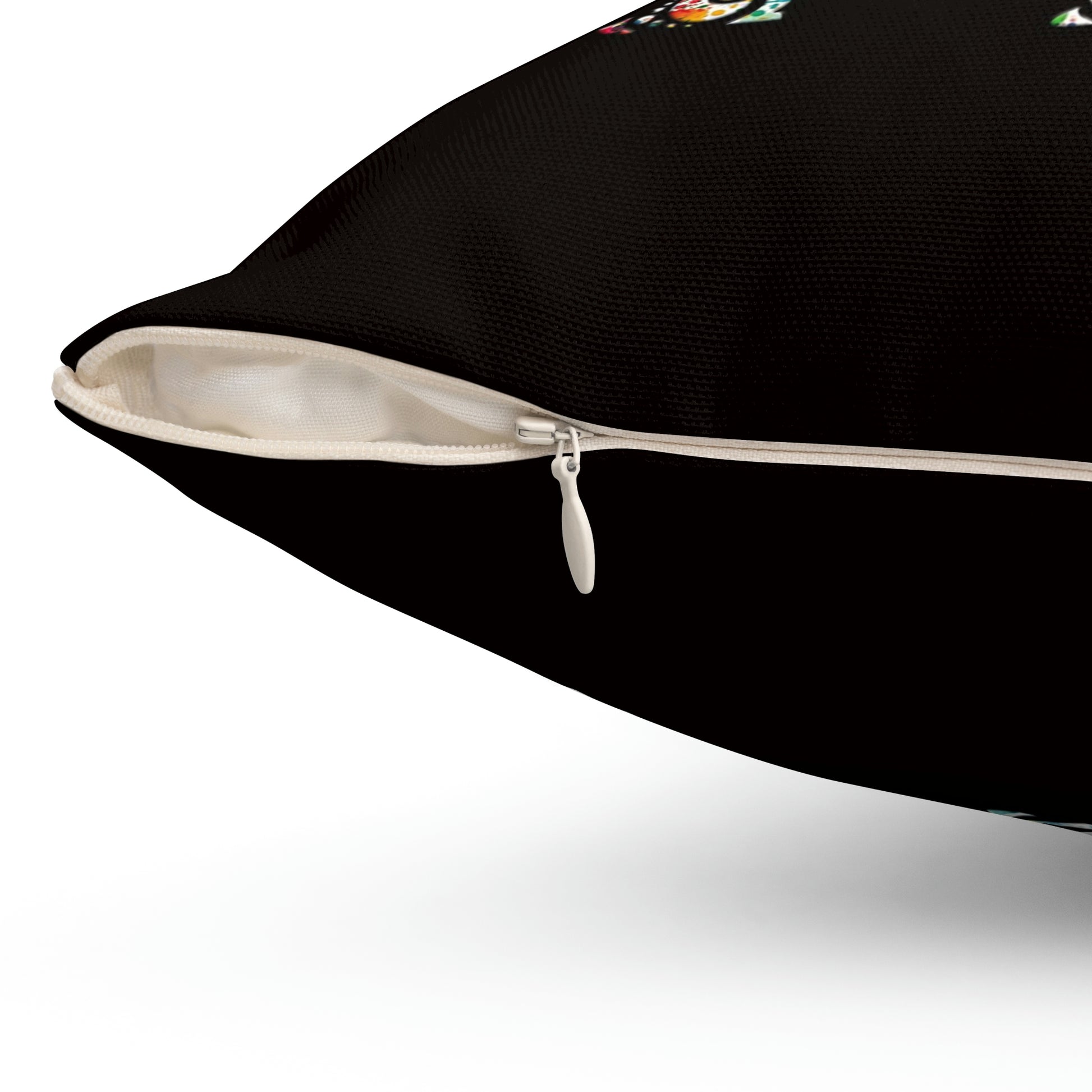 Multicolor Indian Elephant Mandala Style on Black Background Spun Polyester Square Pillow close up zipper