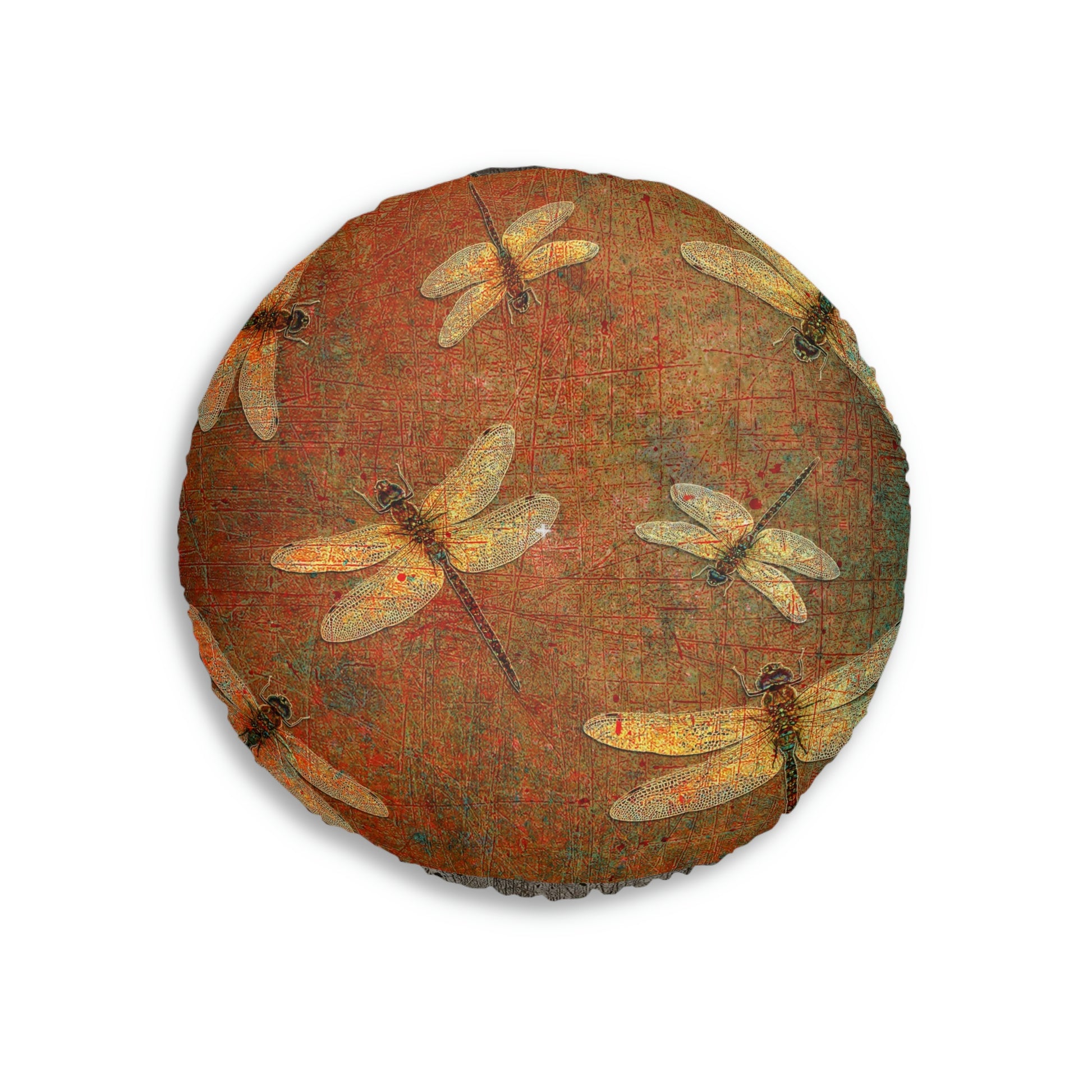 Dragonfly on Brown Stone Background Print on 2 Sided Round Tufted Floor Pillow back side