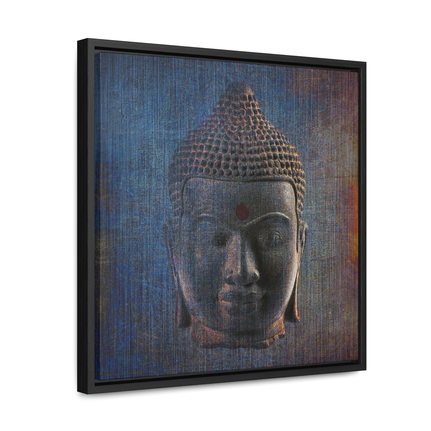 Distressed Blue Buddha Head Print on Square Canvas in a Floating Frame side view