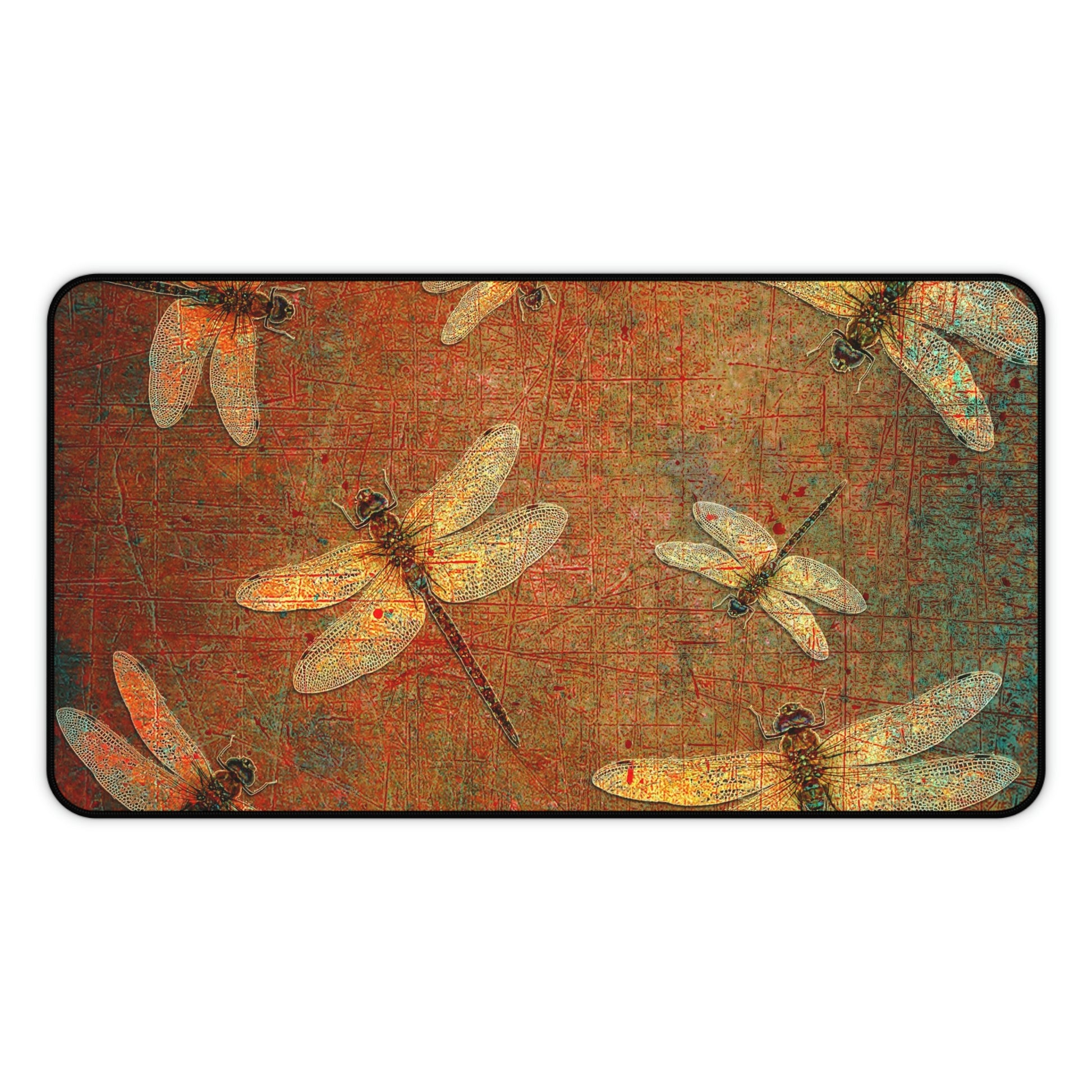 Dragonfly Desk Mat - Flight of Dragonflies on Brown and Orange Background 12x22